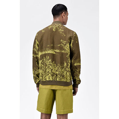 Genes Lecoanet Hemant Men'S Linen Herringbone Easy Fit Bomber Jacket -Khaki