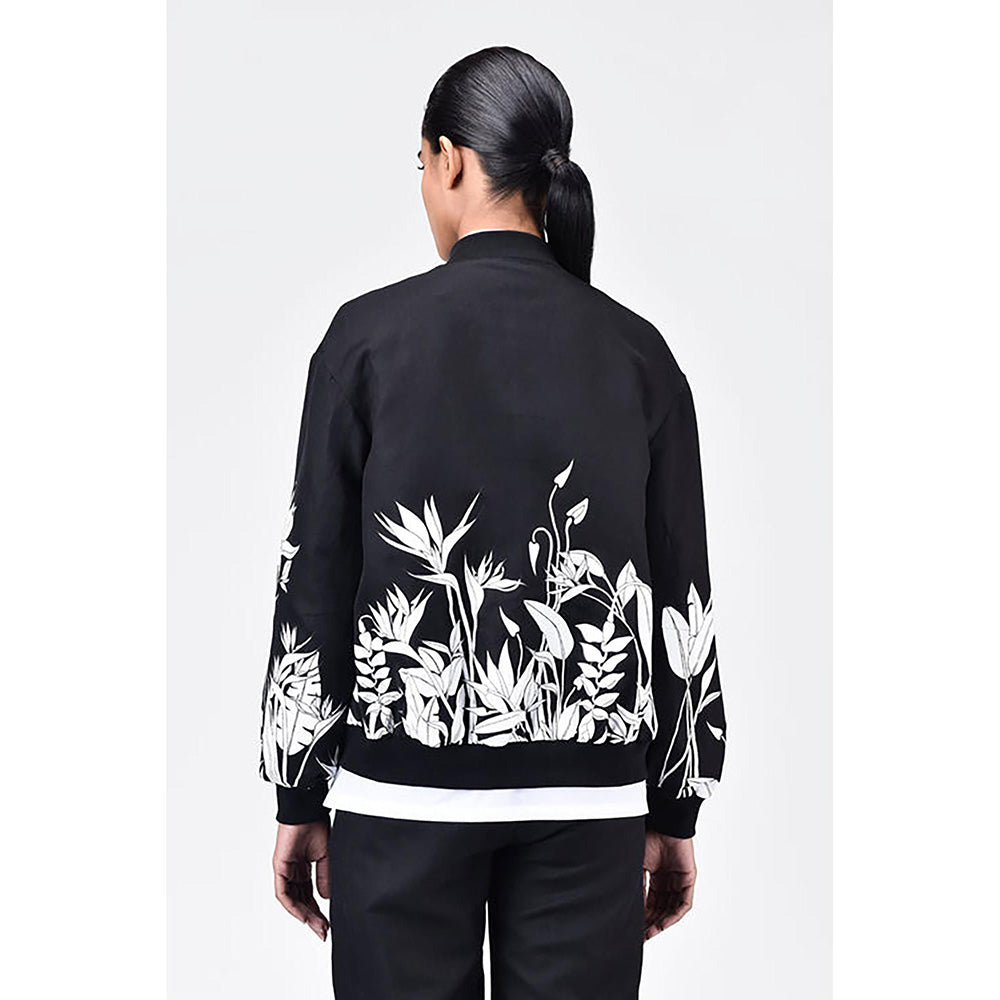 Genes Lecoanet Hemant Relaxed Fit Linen Herringbone Bomber Jacket with Tropical Print Black