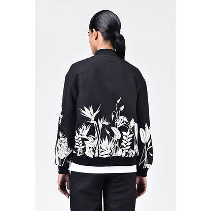 Genes Lecoanet Hemant Relaxed Fit Linen Herringbone Bomber Jacket with Tropical Print Black