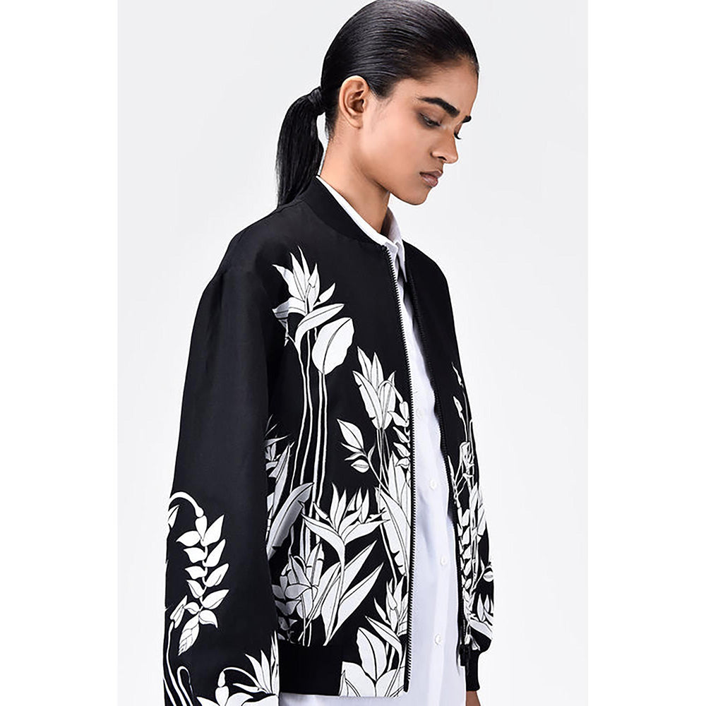 Genes Lecoanet Hemant Relaxed Fit Linen Herringbone Bomber Jacket with Tropical Print Black