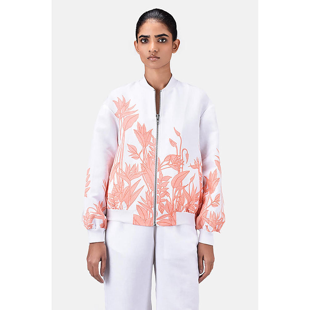 Genes Lecoanet Hemant White Linen Floral Bomber Jacket