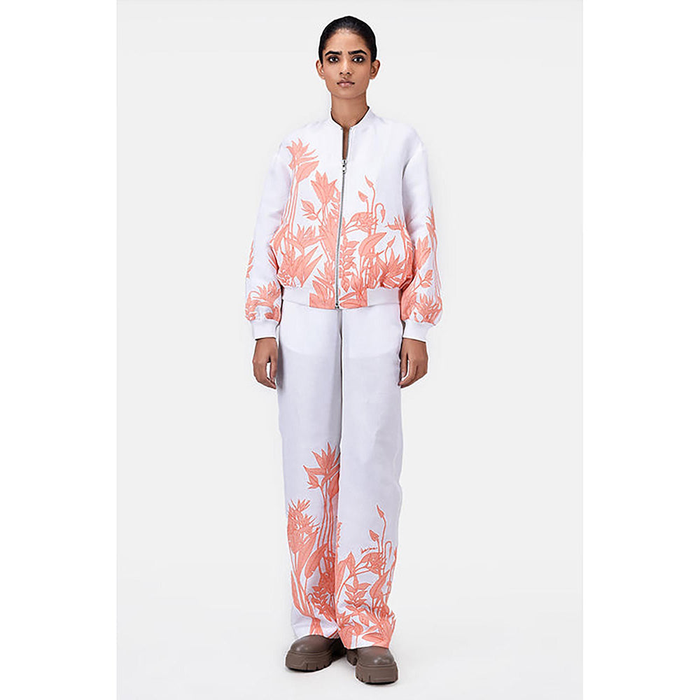 Genes Lecoanet Hemant White Linen Floral Bomber Jacket