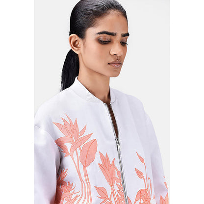 Genes Lecoanet Hemant White Linen Floral Bomber Jacket