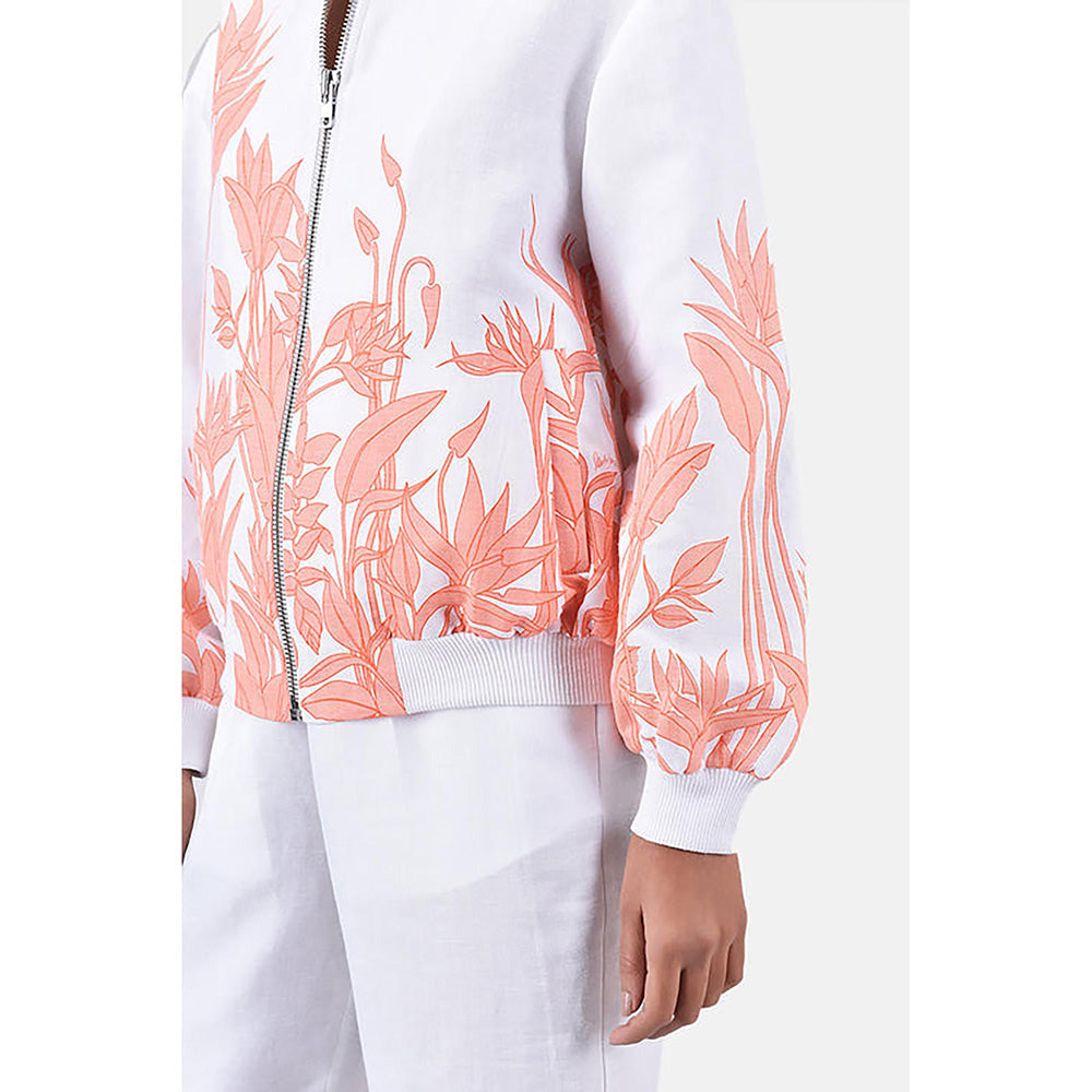 Genes Lecoanet Hemant White Linen Floral Bomber Jacket
