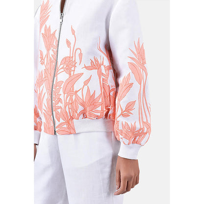 Genes Lecoanet Hemant White Linen Floral Bomber Jacket
