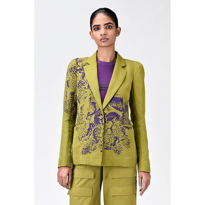 Genes Lecoanet Hemant Green Linen Printed Jacket