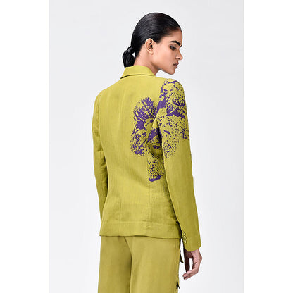Genes Lecoanet Hemant Green Linen Printed Jacket