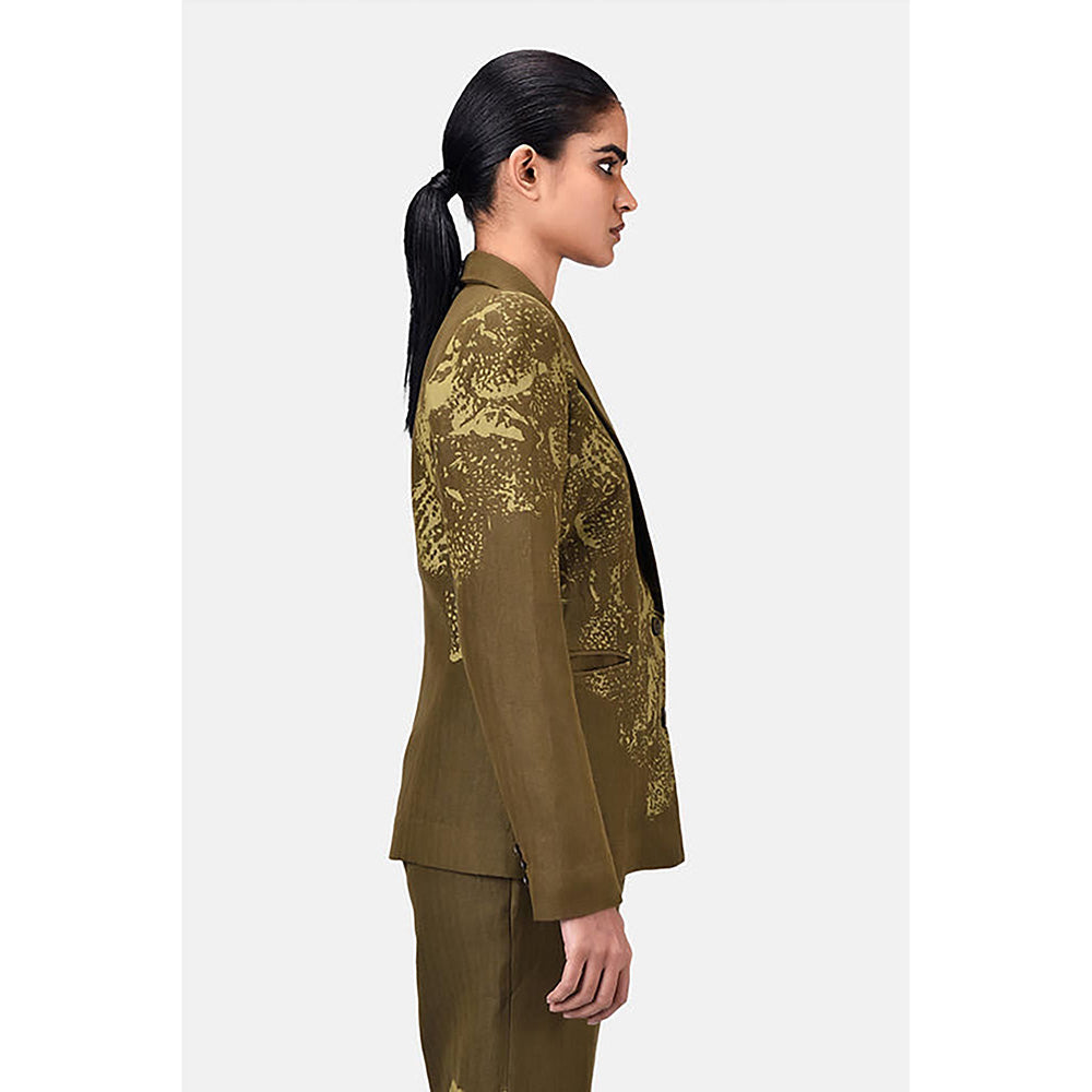 Genes Lecoanet Hemant Slim Fit Linen Herringbone Jacket with Orchid Print Khaki