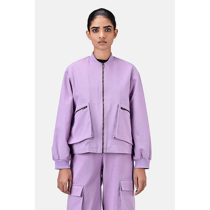 Genes Lecoanet Hemant Easy Fit Lavender Cotton Drill Bomber Jacket with Drop Shoulders