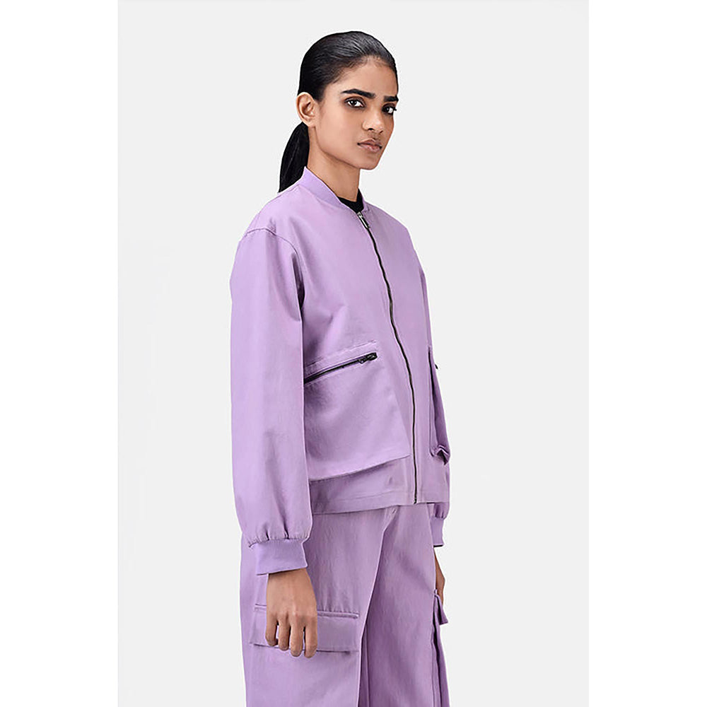 Genes Lecoanet Hemant Easy Fit Lavender Cotton Drill Bomber Jacket with Drop Shoulders
