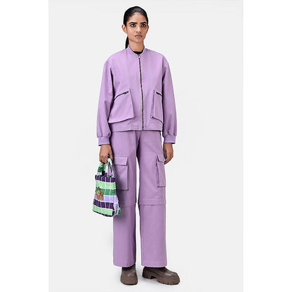 Genes Lecoanet Hemant Easy Fit Lavender Cotton Drill Bomber Jacket with Drop Shoulders