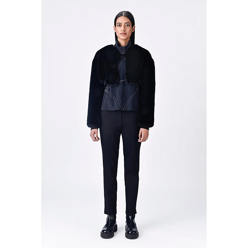 Genes Lecoanet Hemant Black Faux Fur Solid/Plain Bomber Jacket