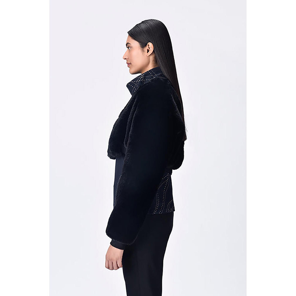 Genes Lecoanet Hemant Black Faux Fur Solid/Plain Bomber Jacket