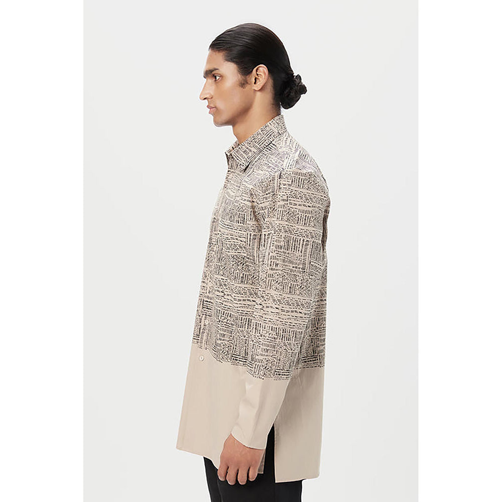 Genes Lecoanet Hemant Poplin Collar Neck Printed Regular Fit Beige Kurta