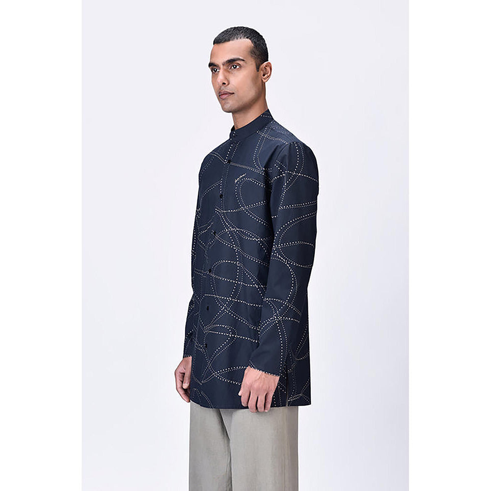 Genes Lecoanet Hemant Poplin Mandarin Neck Printed Regular Fit Black Kurta