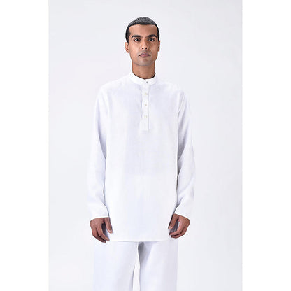Genes Lecoanet Hemant Linen Mandarin Neck Solid/Plain Regular Fit White Kurta