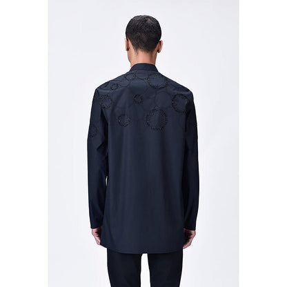 Genes Lecoanet Hemant Poplin Mandarin Neck Embroidered Regular Fit Black Kurta
