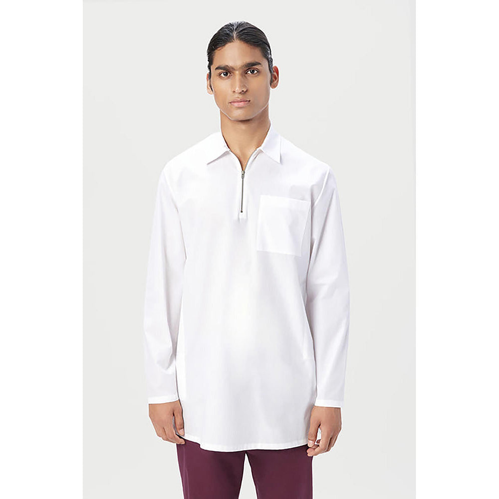 Genes Lecoanet Hemant Cotton Collar Neck Printed Regular Fit White Kurta