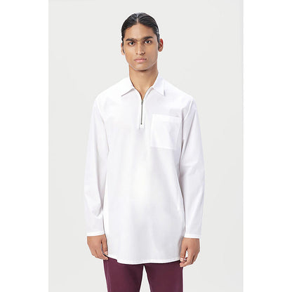 Genes Lecoanet Hemant Cotton Collar Neck Printed Regular Fit White Kurta