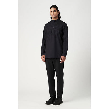 Genes Lecoanet Hemant Poplin Mandarin Neck Embroidered Regular Fit Black Kurta