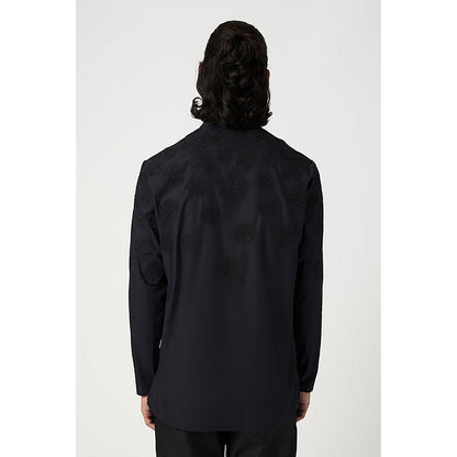 Genes Lecoanet Hemant Poplin Mandarin Neck Embroidered Regular Fit Black Kurta