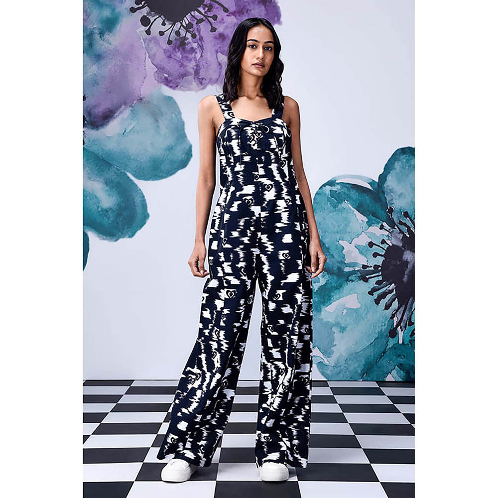 Genes Lecoanet Hemant Black Cotton Square Neck Abstract Jumpsuits