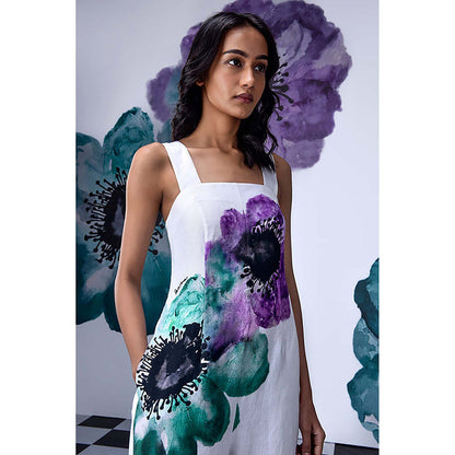 Genes Lecoanet Hemant White Linen Square Neck Floral Jumpsuits
