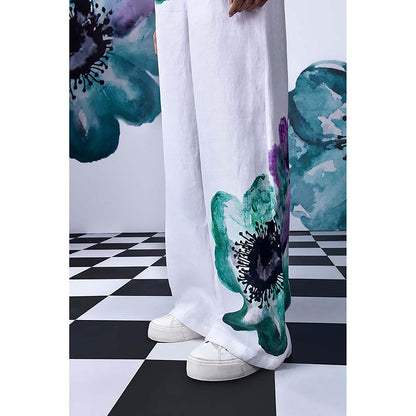 Genes Lecoanet Hemant White Linen Square Neck Floral Jumpsuits