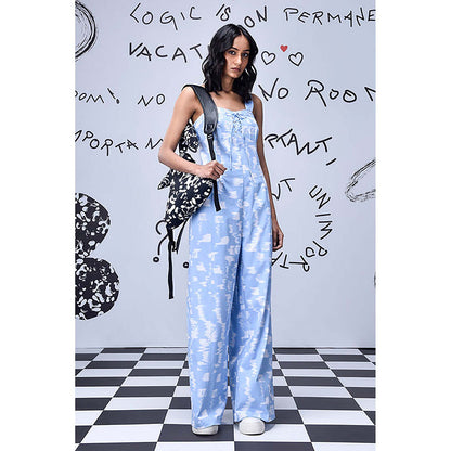Genes Lecoanet Hemant Blue Cotton Square Neck Abstract Jumpsuits
