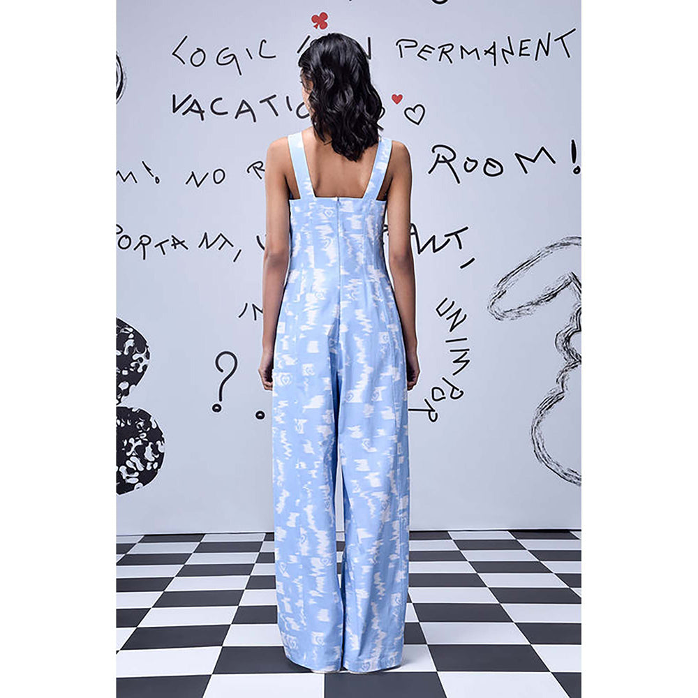 Genes Lecoanet Hemant Blue Cotton Square Neck Abstract Jumpsuits