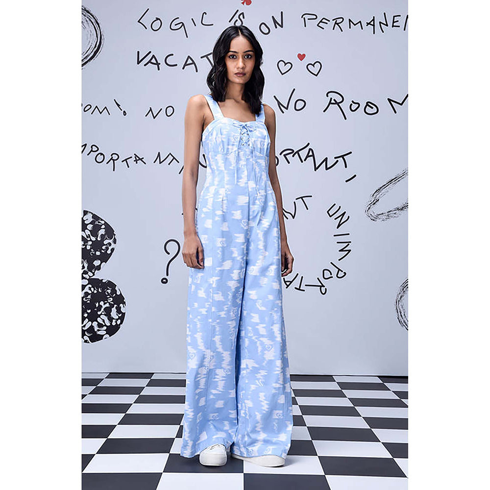Genes Lecoanet Hemant Blue Cotton Square Neck Abstract Jumpsuits