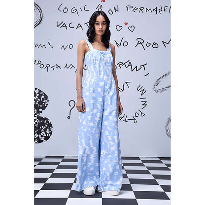 Genes Lecoanet Hemant Blue Cotton Square Neck Abstract Jumpsuits