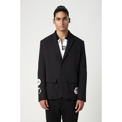 Genes Lecoanet Hemant Black Regular Fit Two-Button Constructed Blazer with Flap Pockets