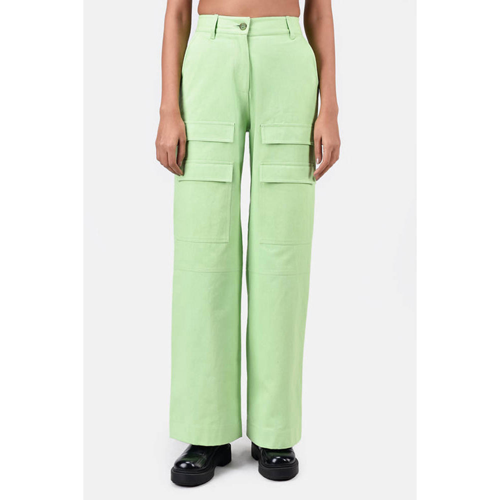 Genes Lecoanet Hemant Green Colour Viscose Blend Solid Relaxed fit Wide Cargo Pant