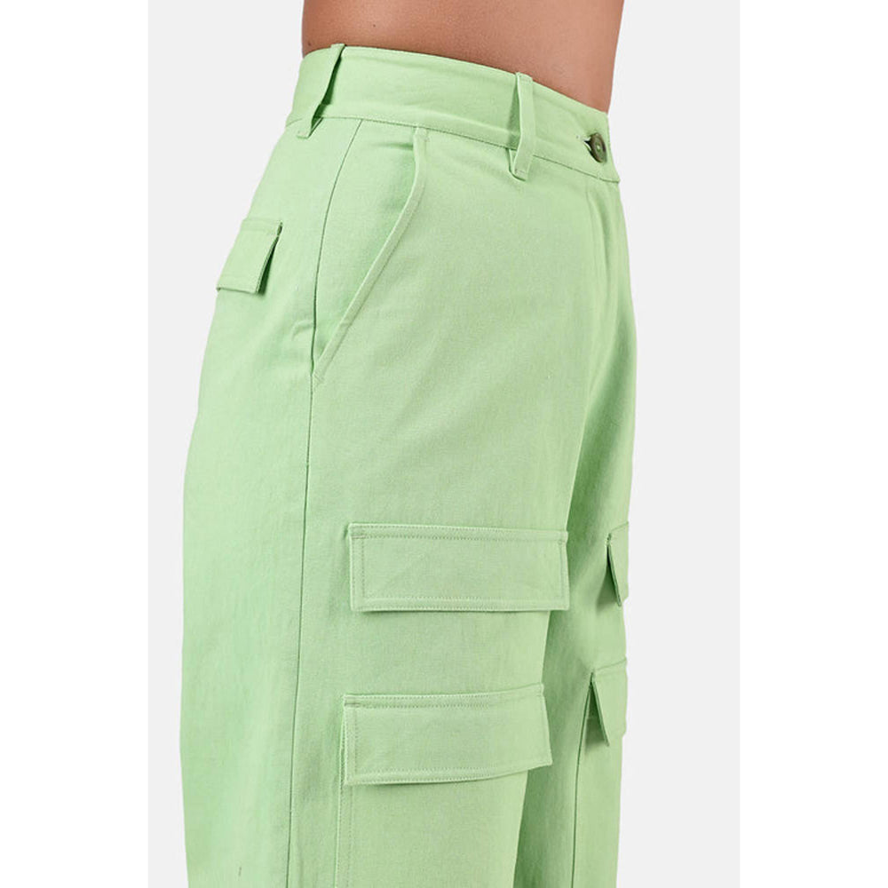 Genes Lecoanet Hemant Green Colour Viscose Blend Solid Relaxed fit Wide Cargo Pant