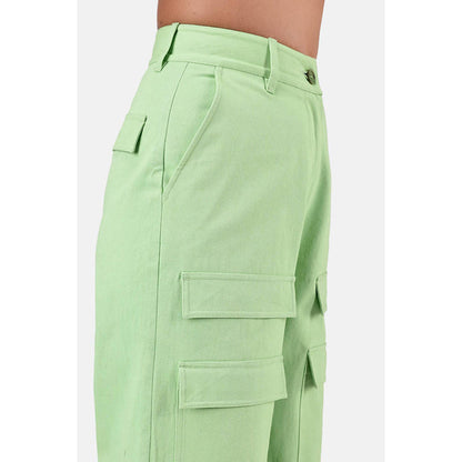 Genes Lecoanet Hemant Green Colour Viscose Blend Solid Relaxed fit Wide Cargo Pant
