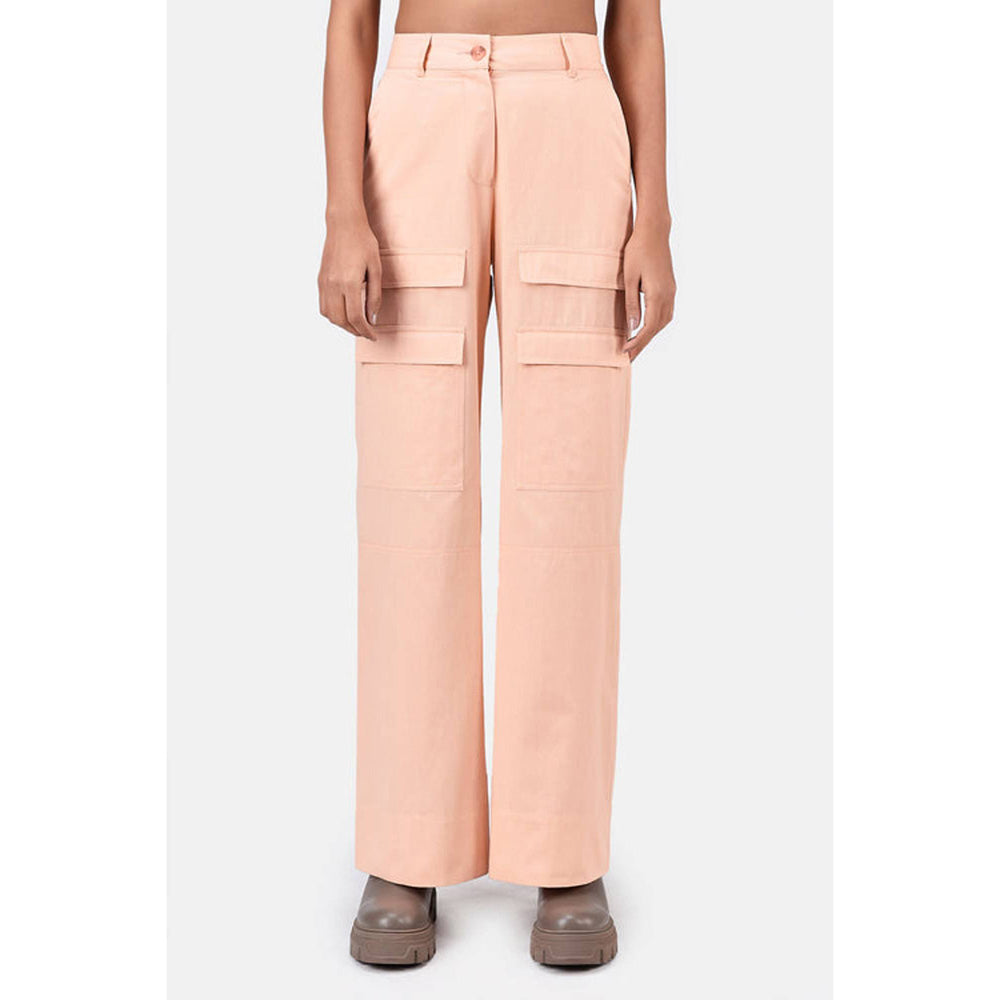 Genes Lecoanet Hemant Pink Colour Cotton Solid Relaxed fit Wide Cargo Pant