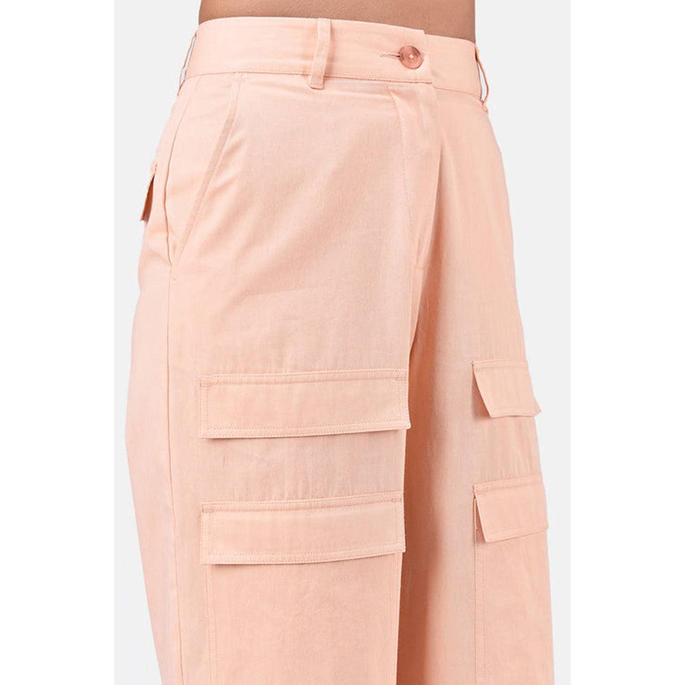 Genes Lecoanet Hemant Pink Colour Cotton Solid Relaxed fit Wide Cargo Pant