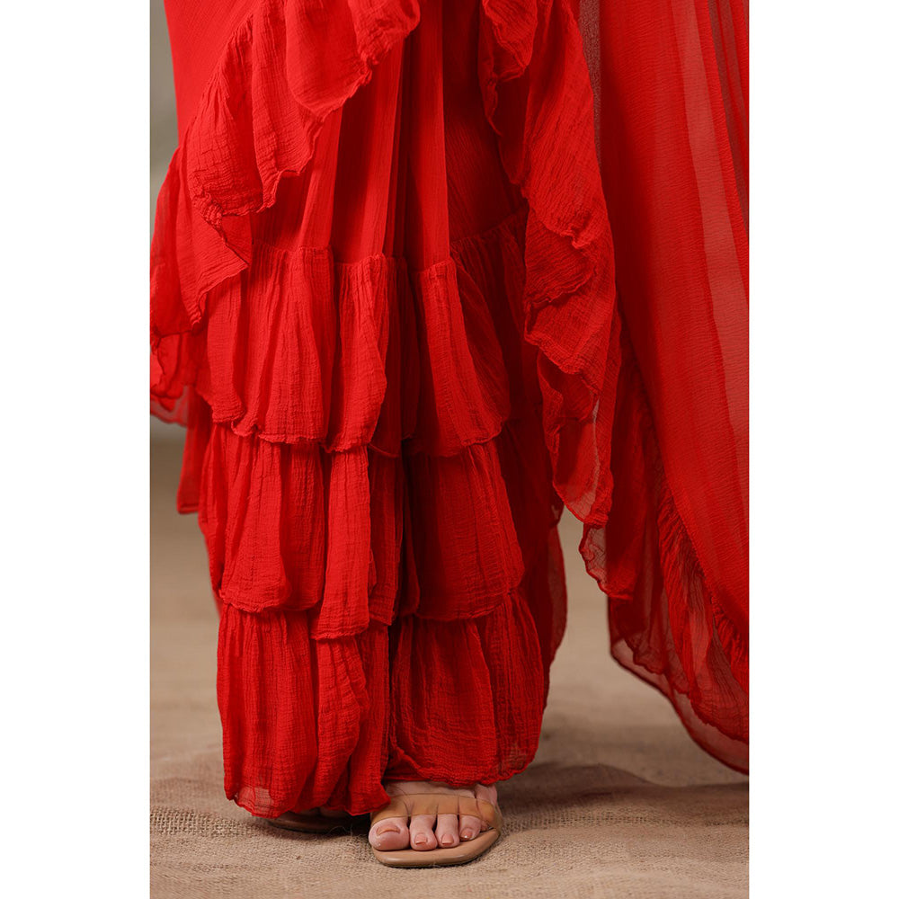 Geroo Jaipur Red Chiffon Pre-Stitched Saree with Unstitched Blouse