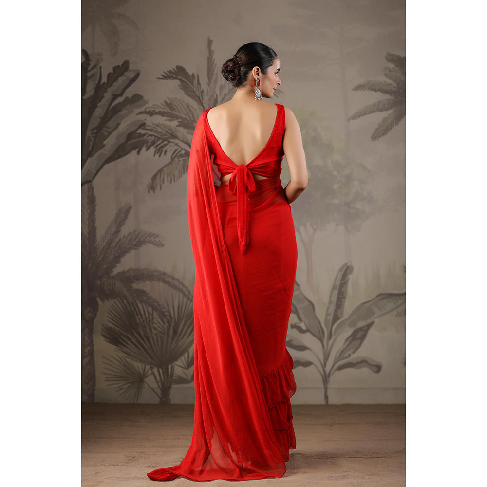 Geroo Jaipur Red Chiffon Pre-Stitched Saree with Unstitched Blouse