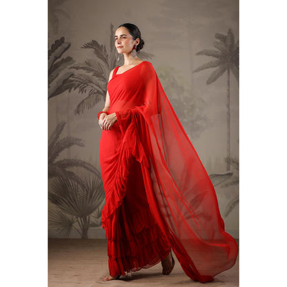 Geroo Jaipur Red Chiffon Pre-Stitched Saree with Unstitched Blouse