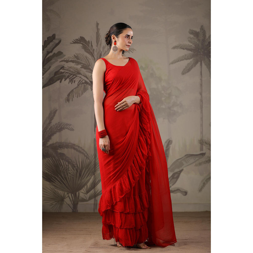 Geroo Jaipur Red Chiffon Pre-Stitched Saree with Unstitched Blouse