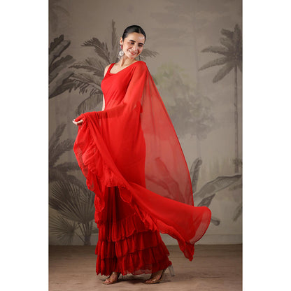 Geroo Jaipur Red Chiffon Pre-Stitched Saree with Unstitched Blouse