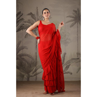 Geroo Jaipur Red Chiffon Pre-Stitched Saree with Unstitched Blouse