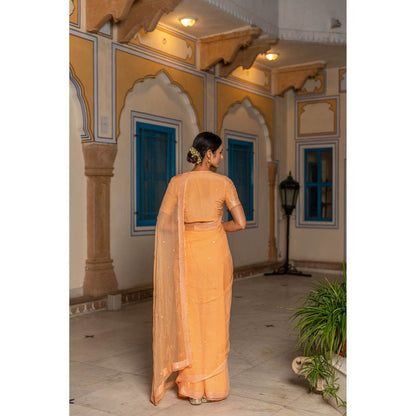 Geroo Luxe Orange Ethnic Motifs Mirror Work Pure Chiffon Saree with Unstitched Blouse