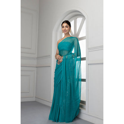 Geroo Jaipur Forest Green Hand Embroidered Mukaish Chiffon Saree