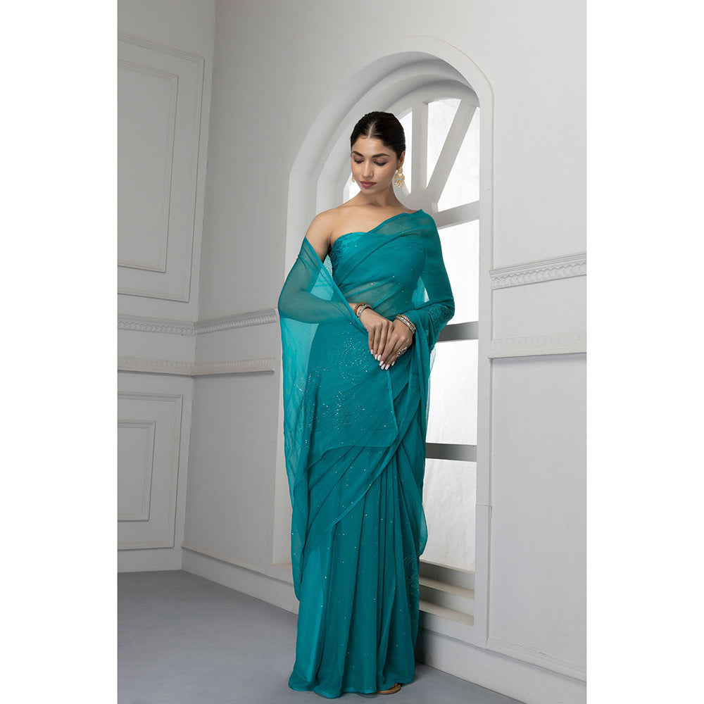 Geroo Jaipur Forest Green Hand Embroidered Mukaish Chiffon Saree