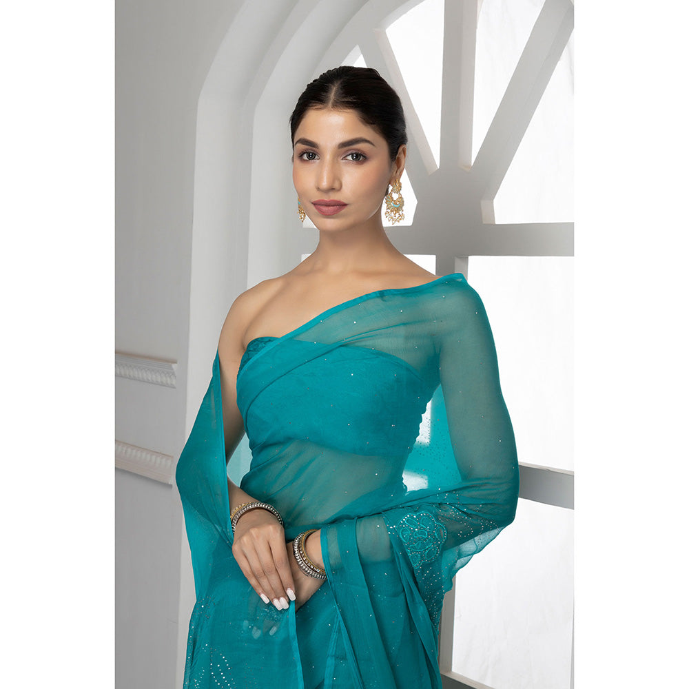 Geroo Jaipur Forest Green Hand Embroidered Mukaish Chiffon Saree