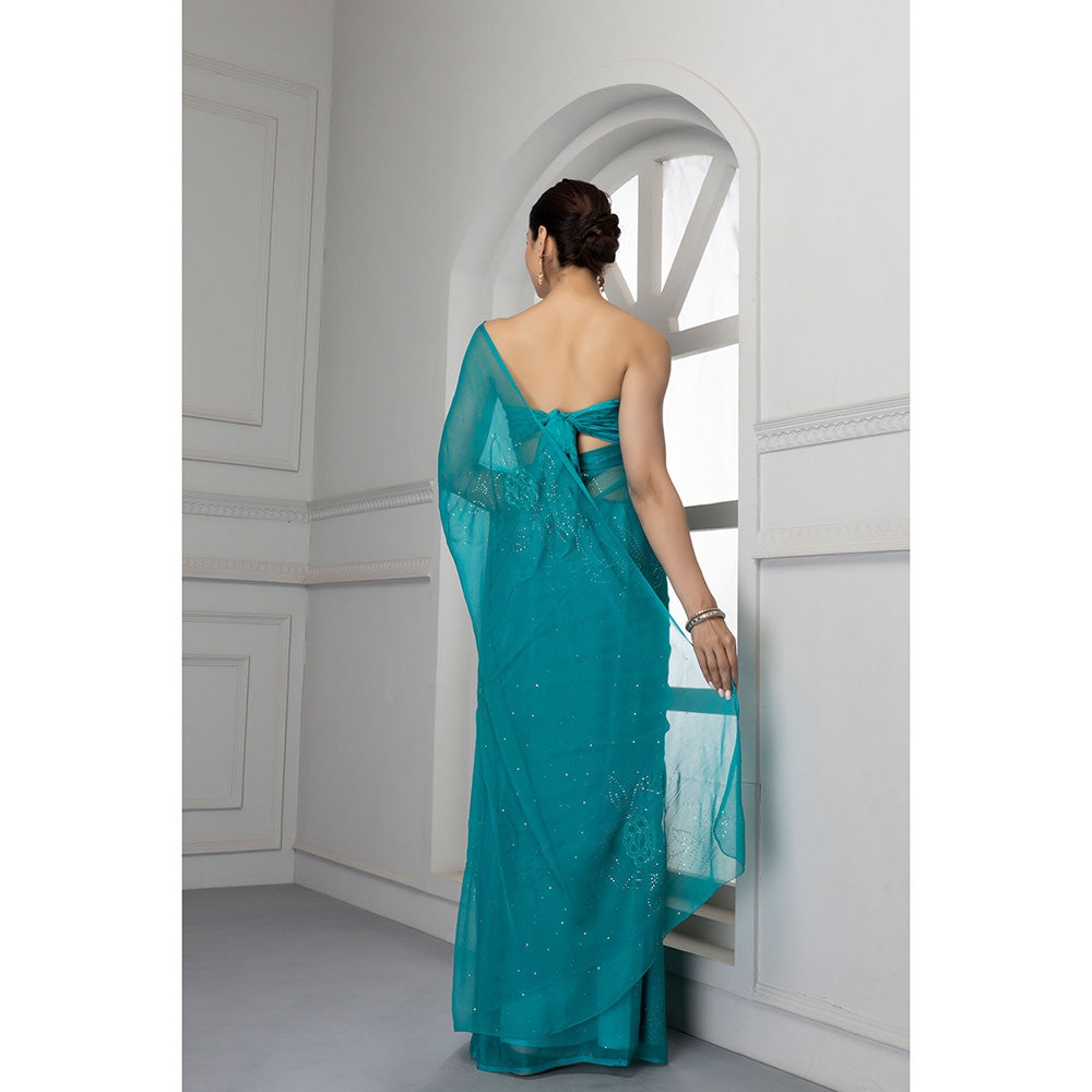 Geroo Jaipur Forest Green Hand Embroidered Mukaish Chiffon Saree