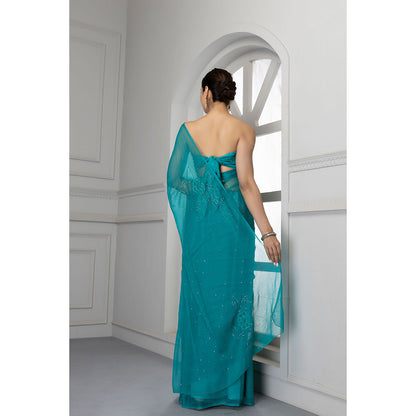Geroo Jaipur Forest Green Hand Embroidered Mukaish Chiffon Saree
